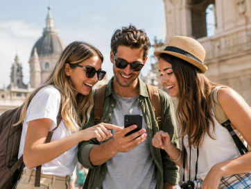 Three travelers using a phone together Three travelers using a phone together